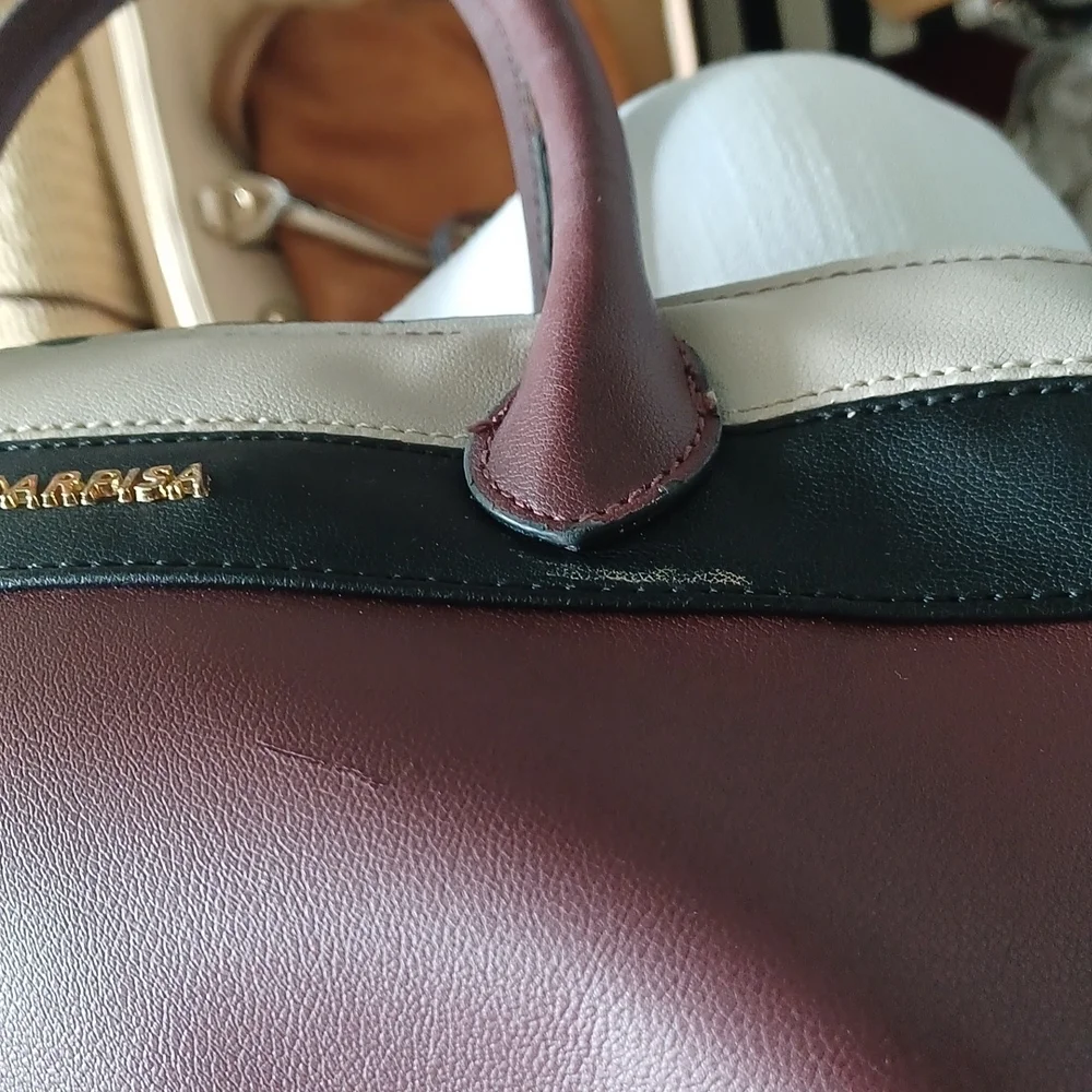 Carpisa Italian handbag, Burgundy,  black, tan